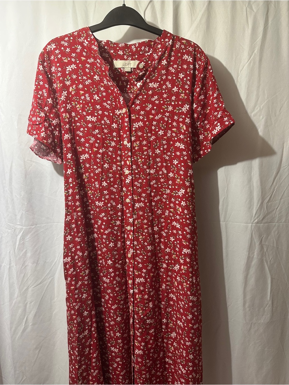 LOFT Red Floral Button-Down Midi Dress